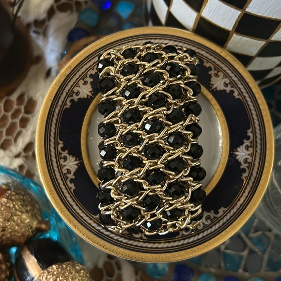 Gold Chain & Black Bead Elastic Statement Bracelet - Picture 3 of 7